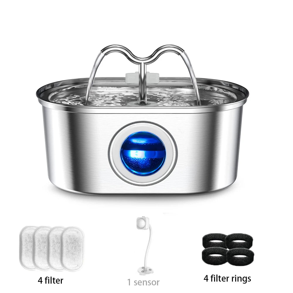 Edelstahl-Haustier-Wasserbrunnen mit silberner Schale, LED-Sensor und Filterringen