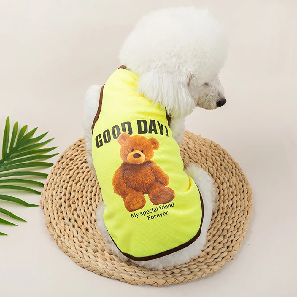 A yellow pet vest with a cartoon bear print and text on the back is placed inside a woven straw hat.