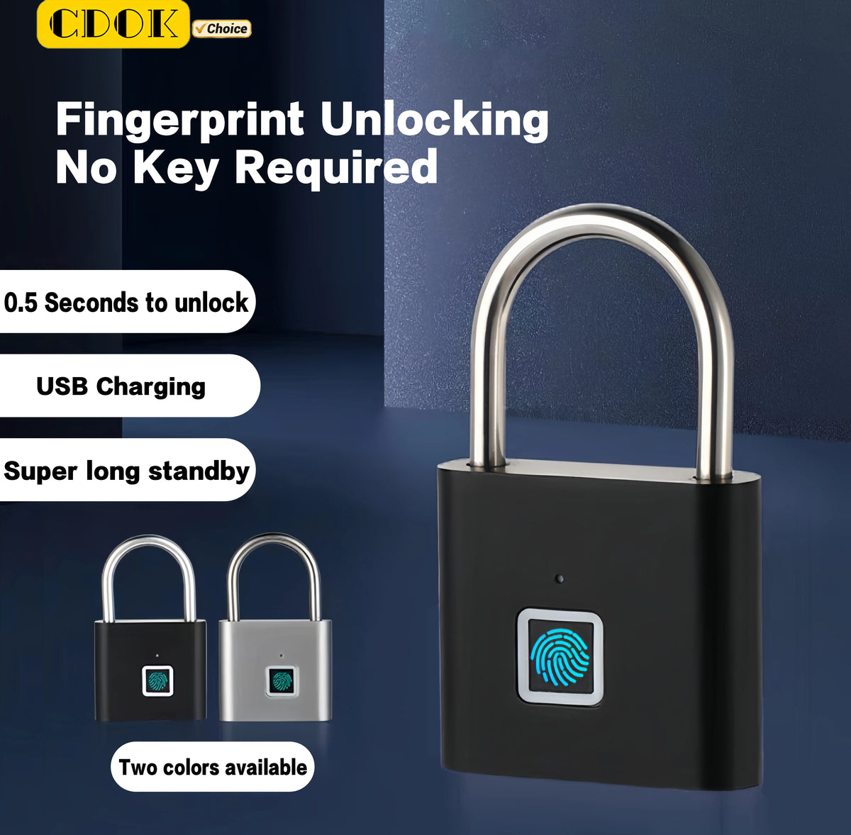 A black fingerprint unlocking padlock is shown next to a silver version, highlighting its fingerprint unlocking feature and U