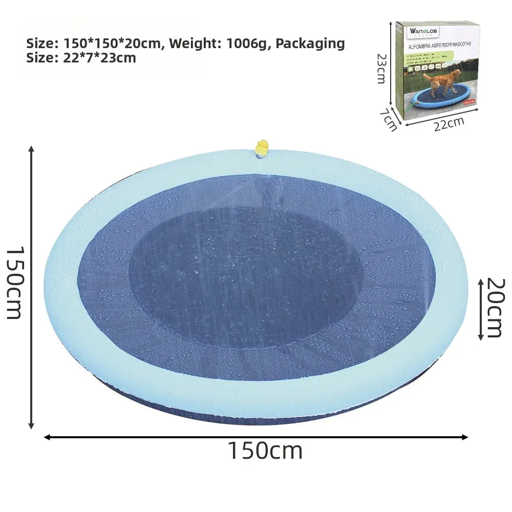 A large, round blue mat with a central depression and an outer rim, designed for dog splash play.