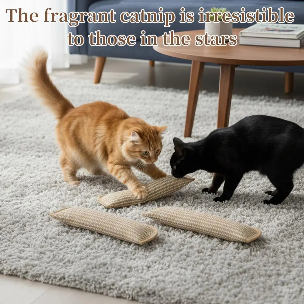 A ginger cat and a black cat interacting with sisal catnip kicker toys on a gray rug.