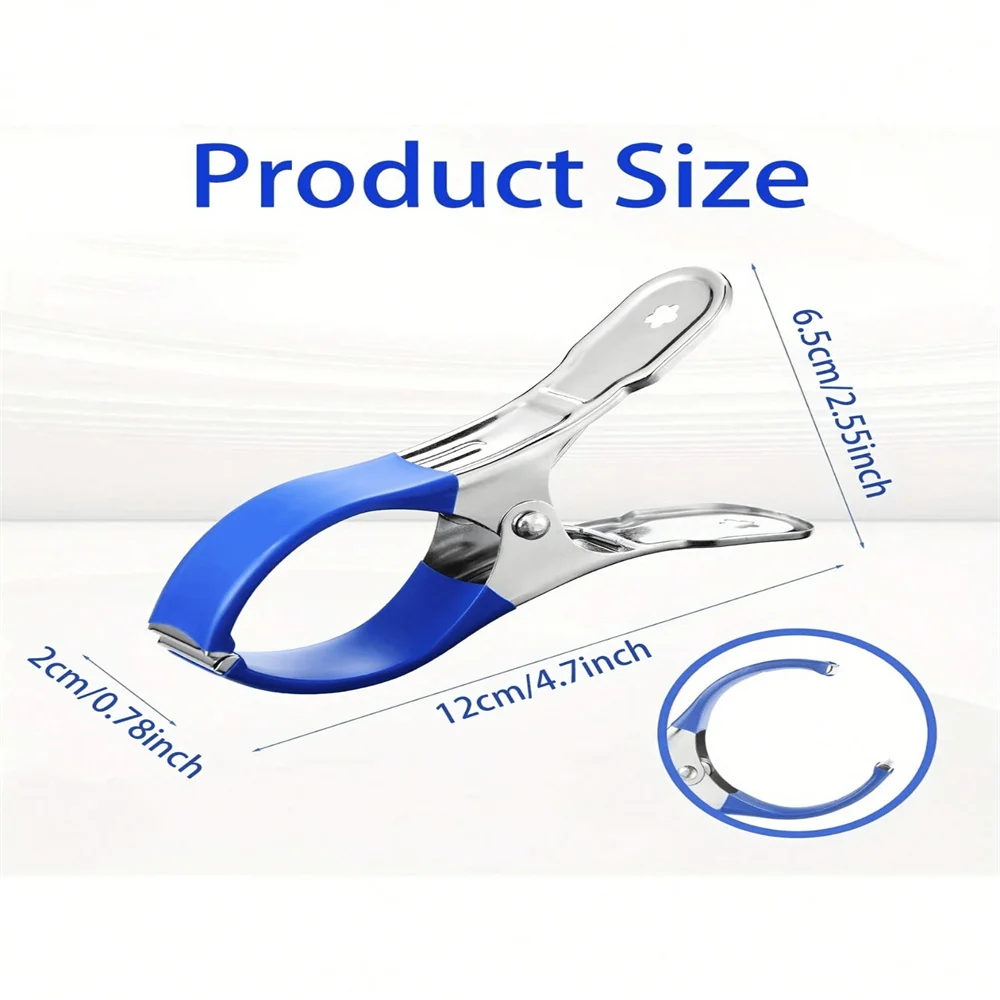 Stainless steel pool cover clamps with blue handles shown with size measurements.
