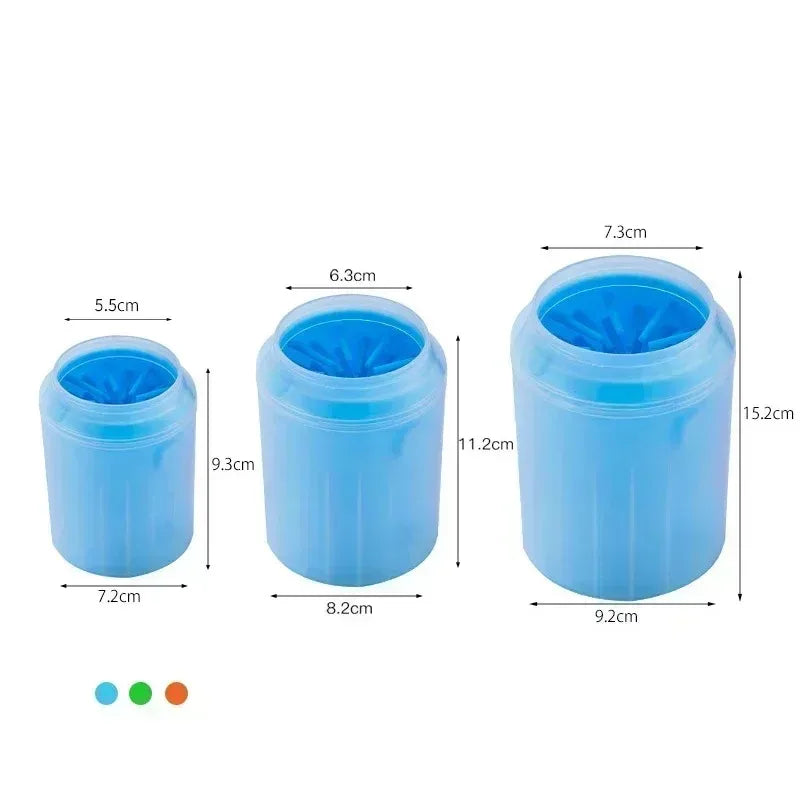 A clear blue portable paw washer cup with a silicone bristled insert shown from the side and top.