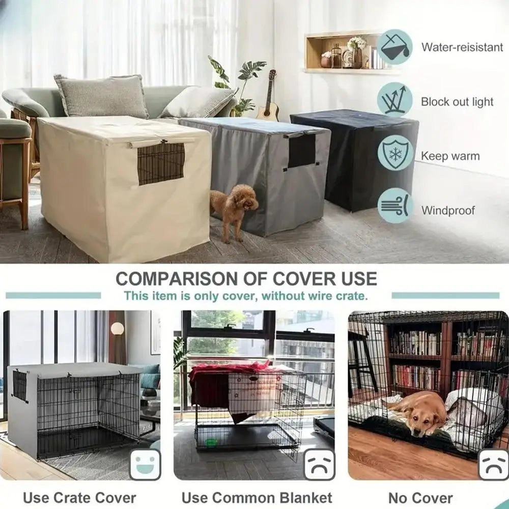 A comparison showing a waterproof dog crate cover used on a crate, a common blanket, and an uncovered crate.