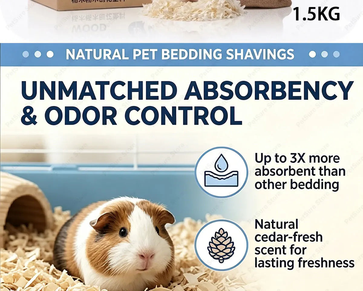Un conejillo de indias está descansando sobre virutas de madera natural para cama de mascotas.