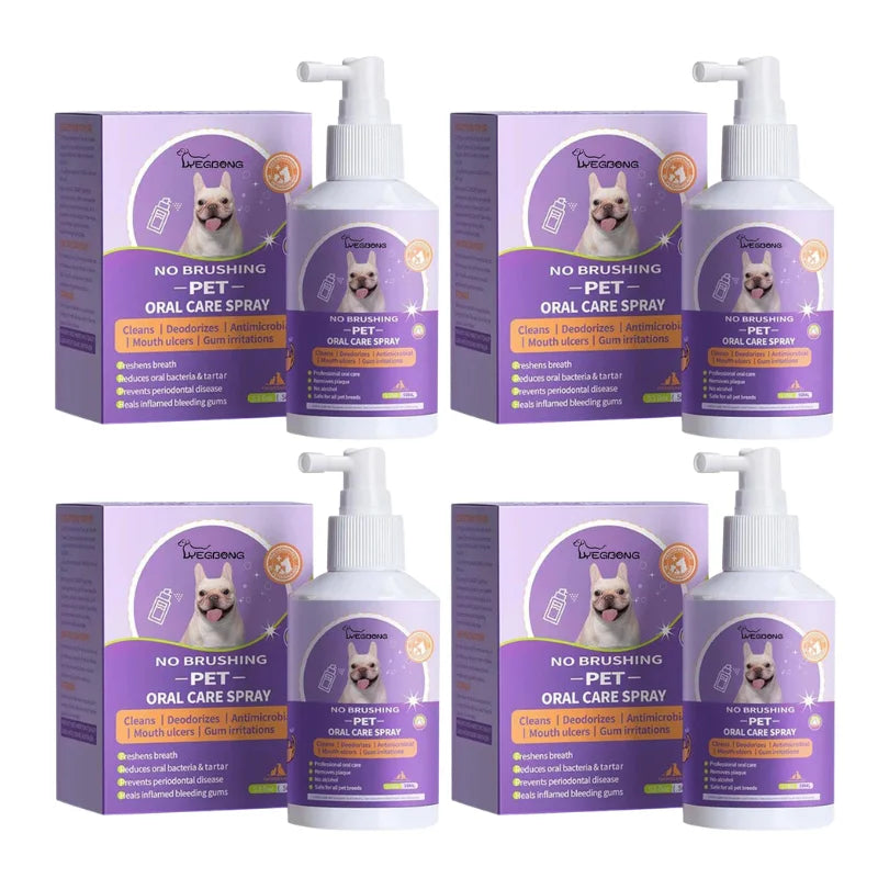 Various bottles of Wegdong pet oral care spray for dogs and cats in purple and white packaging