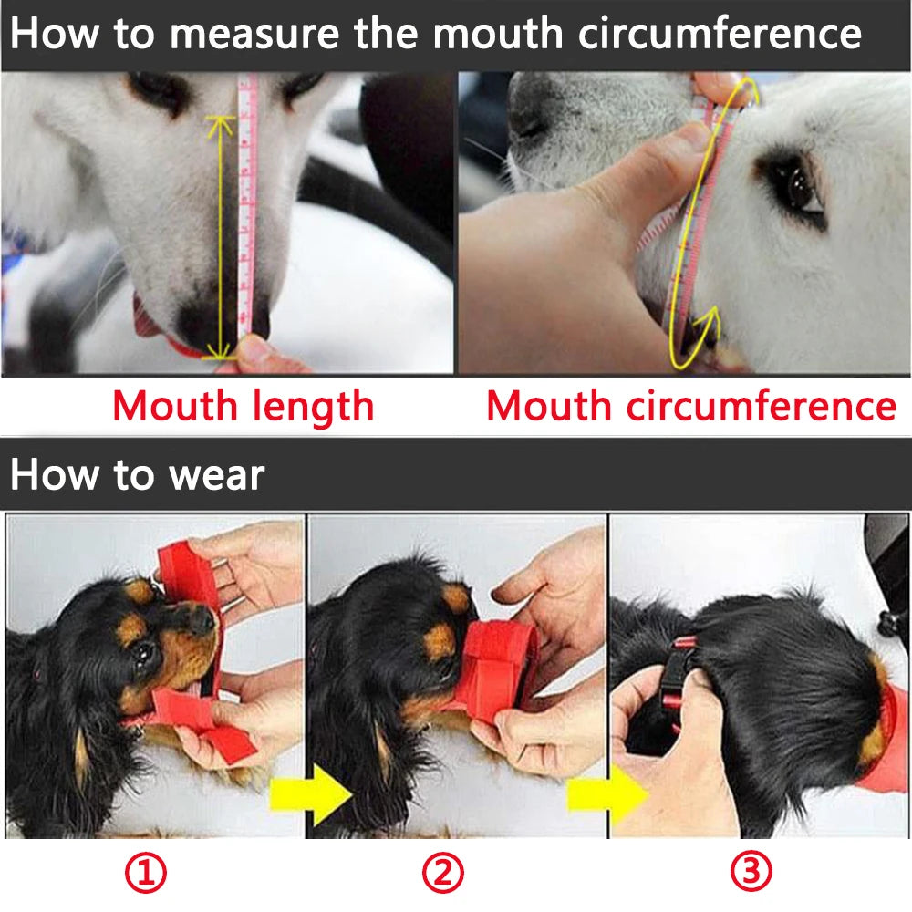 Instructions showing how to measure the mouth circumference and how to wear an adjustable breathable dog muzzle.