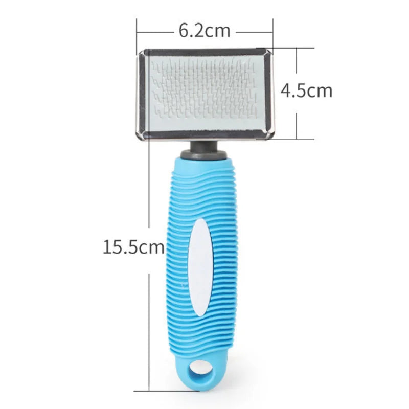 A blue silicone cat comb with stainless steel pins for gentle pet grooming, shown with dimensions.