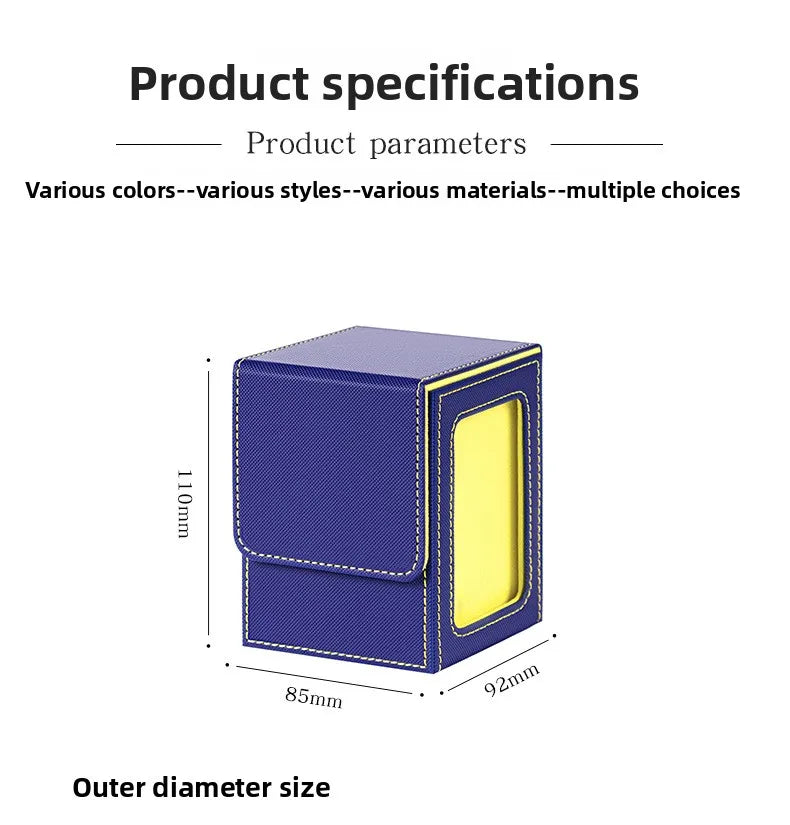 A purple PU leather magnetic card deck box with a yellow display window shown from the side.