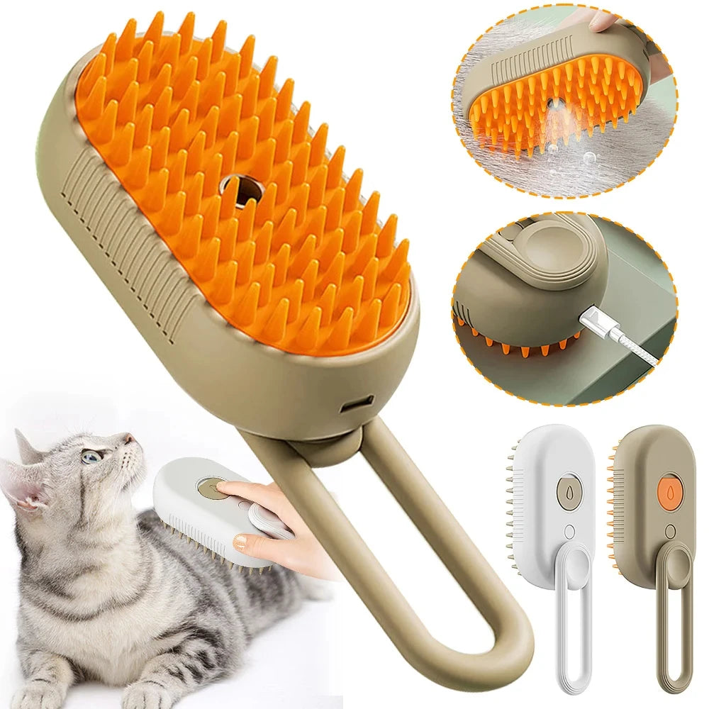 A beige steam grooming brush with an orange silicone brush head is shown alongside a cat using the device.