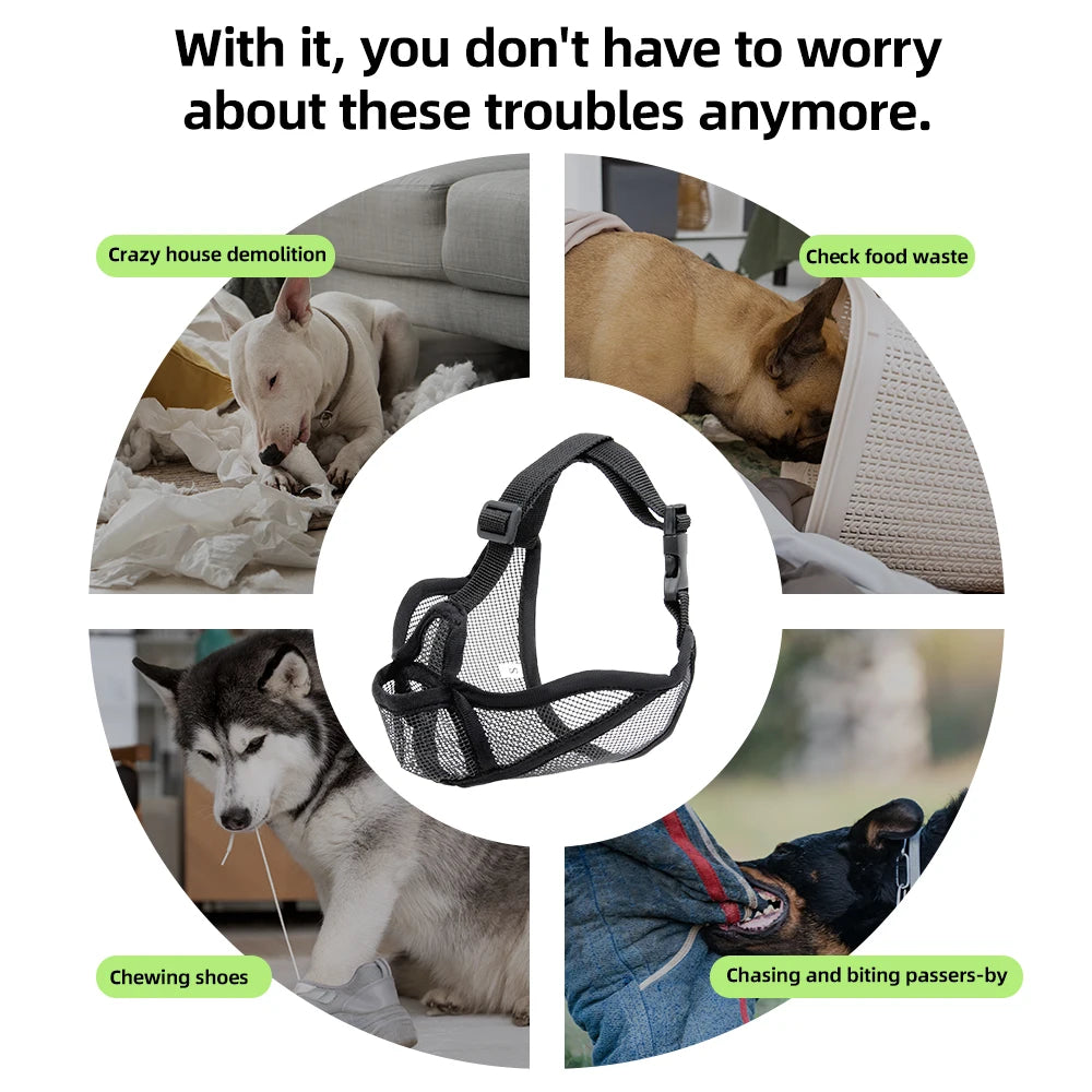A black nylon dog muzzle is shown with various dog-related problems like chewing, house demolition, and food waste.