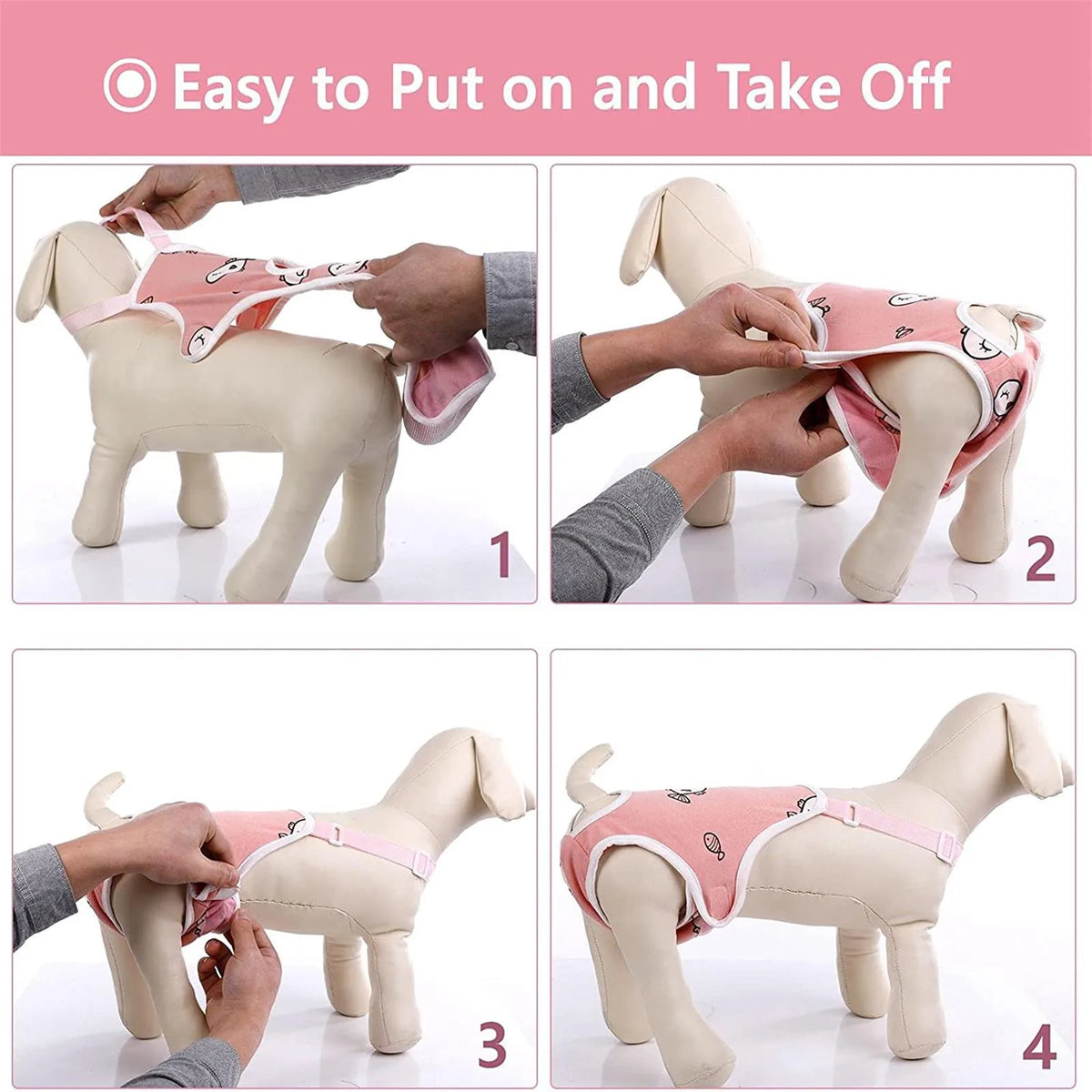 Four images showing how to put on and take off an adjustable dog diaper for a female dog.