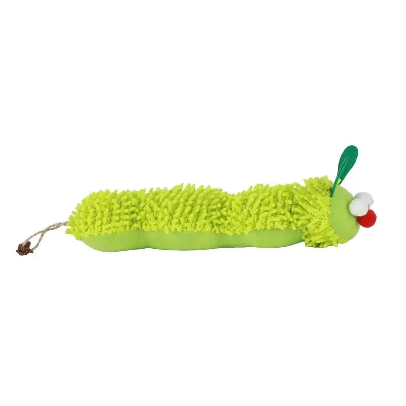 A bright lime green, fuzzy cat chew toy with a green tip and red ball.
