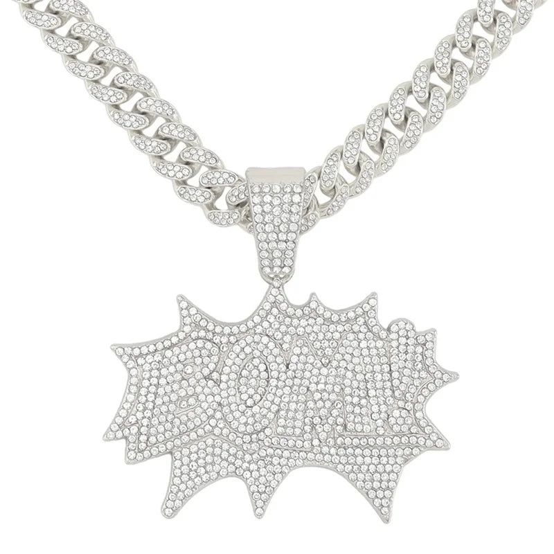 Silver iced out letter and animal pendant Cuban link chain necklace