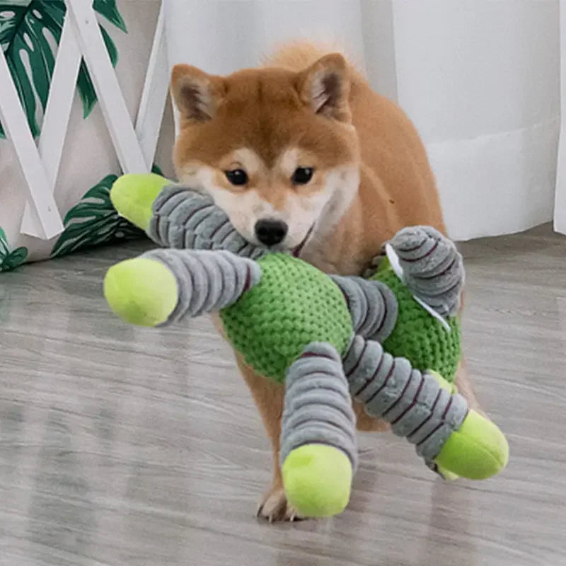 Flauschiger orange Hundespiel mit grauen und limettengrünen quietschenden Plüschteilen.