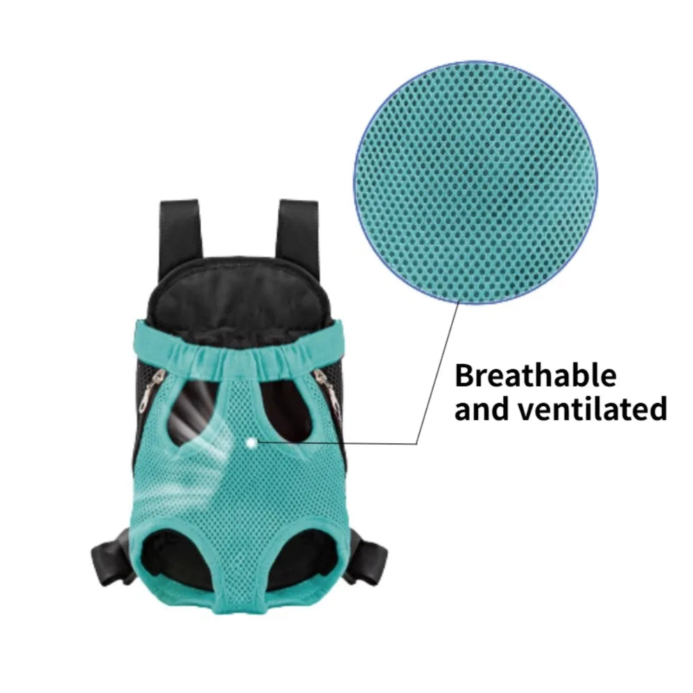 A teal breathable pet carrier backpack with a mesh top and black trim, showing its ventilated design.