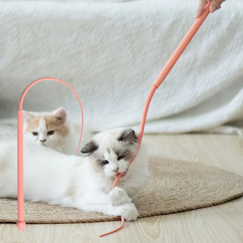 A white kitten plays with an orange silicone cat teaser toy on a light surface.