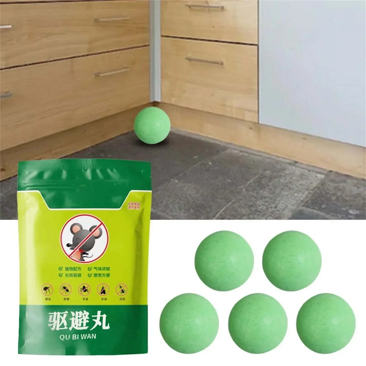 Bag of green peppermint rodent repellent balls with usage instructions