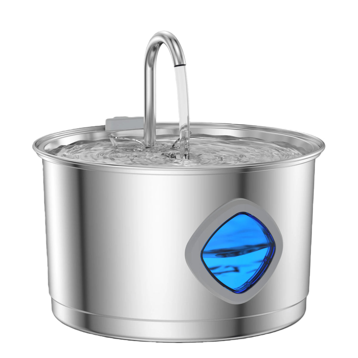 Stainless steel automatic cat water fountain with a silver spout and a blue filter insert