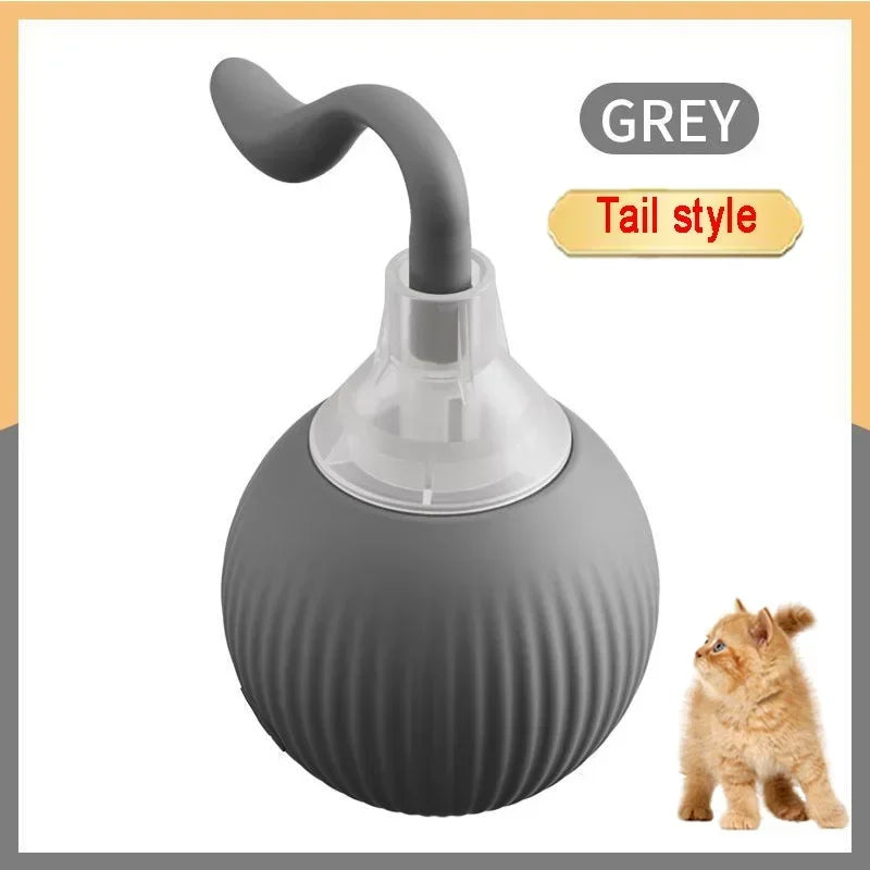 A grey interactive prey-simulating pet toy ball with a tail style attachment.