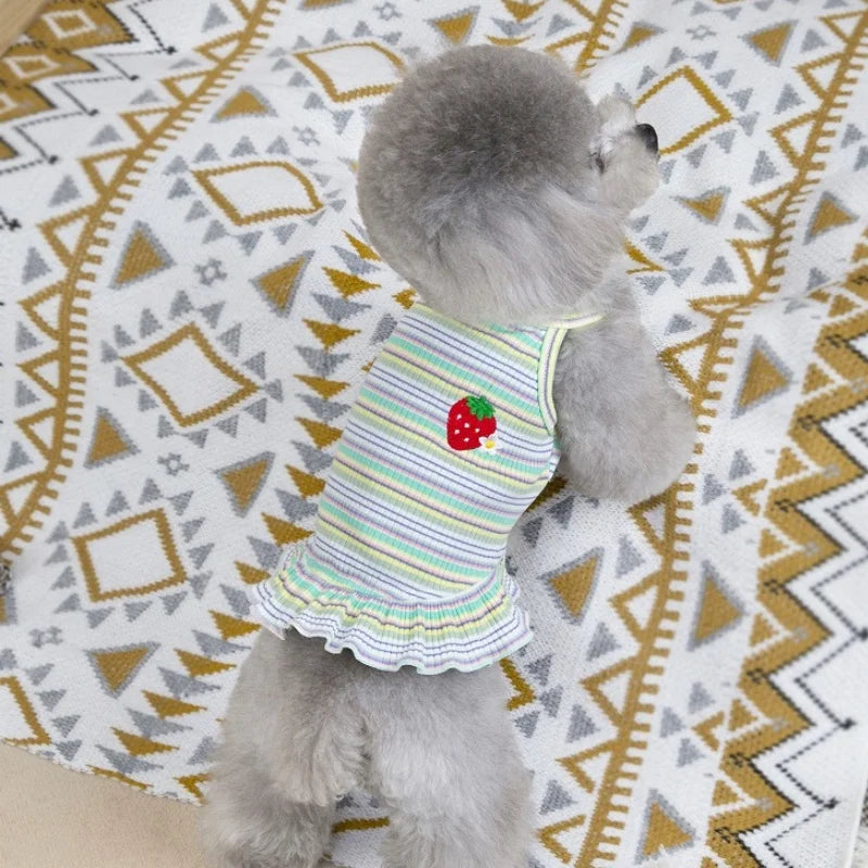 Summer Suspender Dog Dress - Striped Strawberry Print