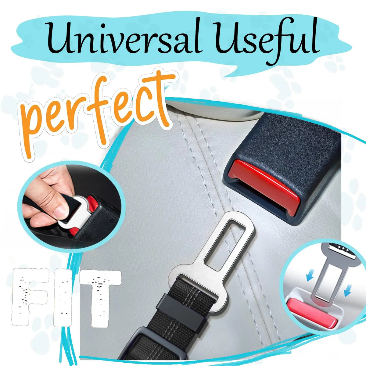Close-up of an adjustable nylon dog seat belt fitting into a car seat, demonstrating its universal use.