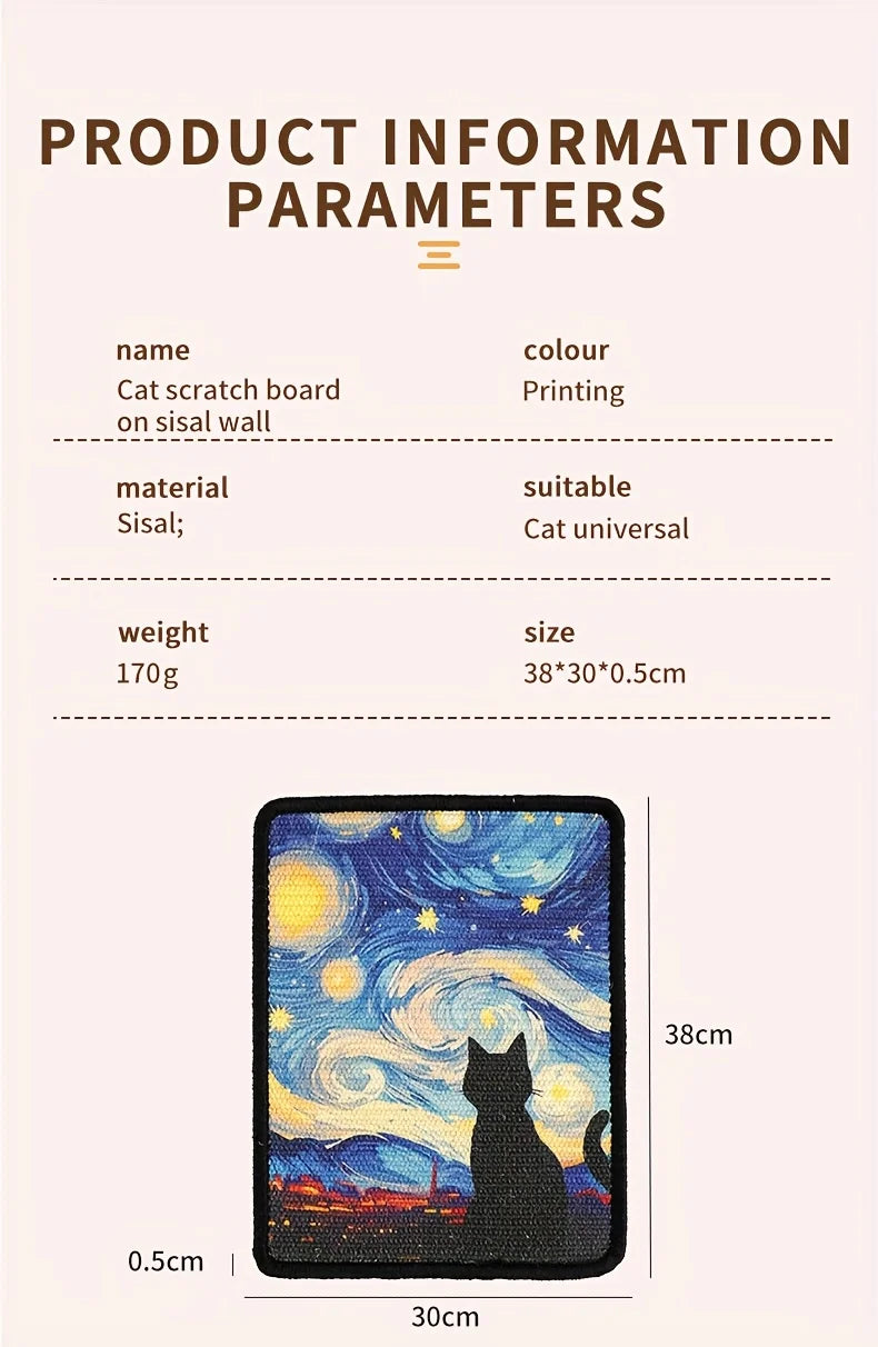 A black cat scratch board with a colorful galaxy print mounted on a sisal wall.