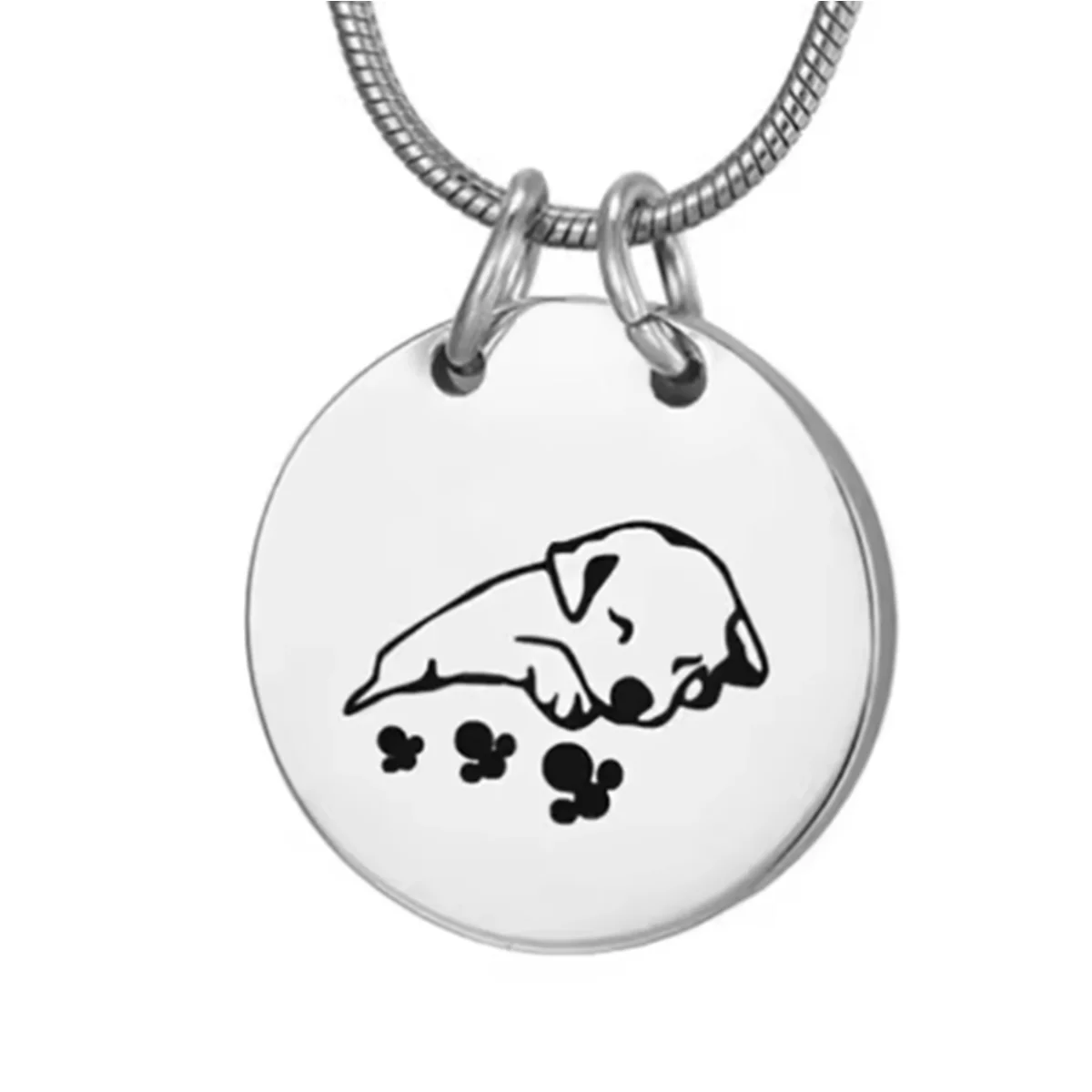 Silver stainless steel pet memorial necklace with a silhouette of a sleeping dog