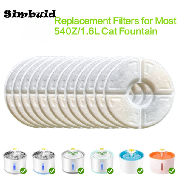 Replacement activated carbon filters for cat water fountains shown with various fountain models.