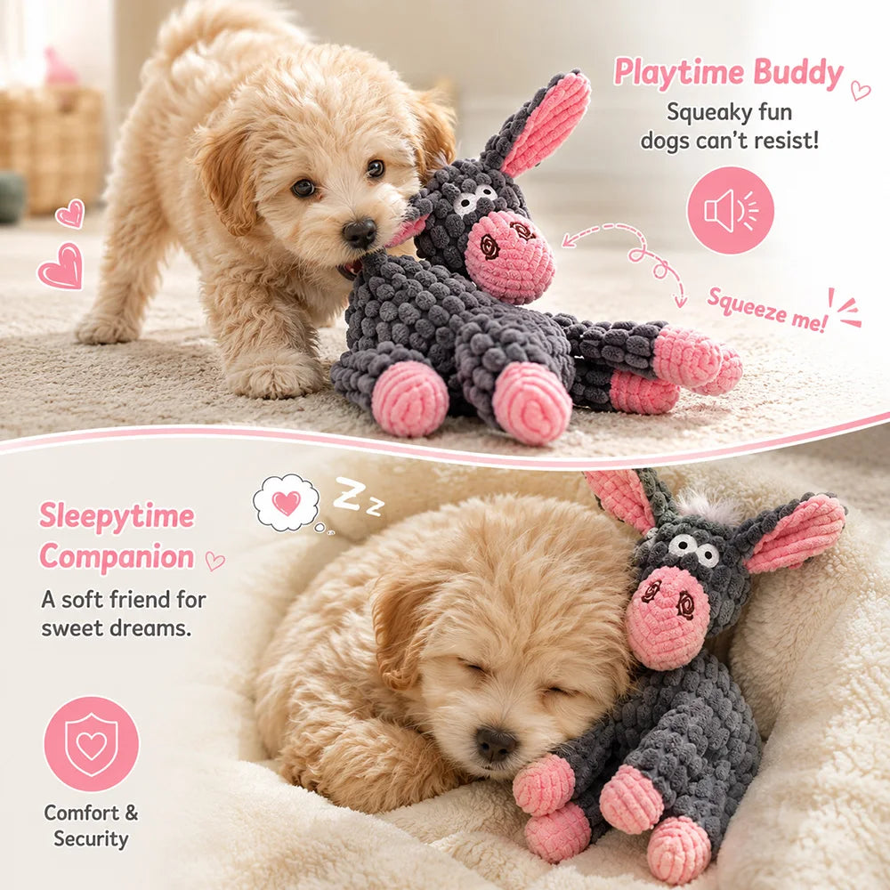 A fluffy light brown dog plush toy and a gray elephant plush toy for playtime and sleeptime comfort