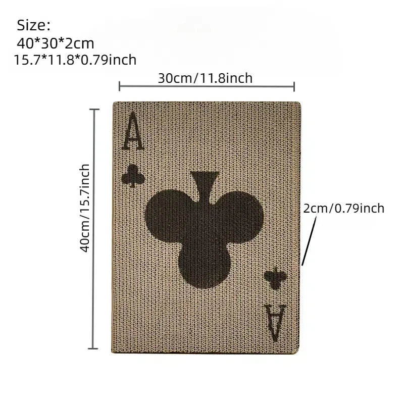 A rectangular beige cat scratcher featuring silhouettes of a cat, a spade, and a triangle.