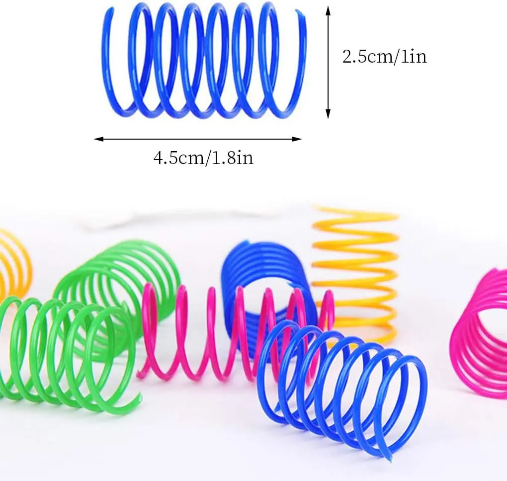 Colorful spring toys in various colors like blue, green, and pink are shown coiled for play.
