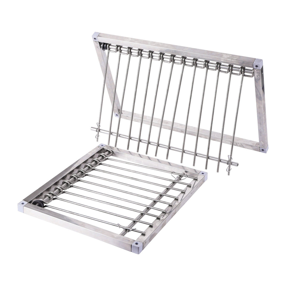 Stainless steel pigeon loft trap door with parallel bars and a rectangular tray.
