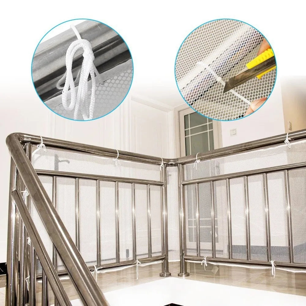 Durable safety mesh installed on a modern metal staircase railing and handrail.