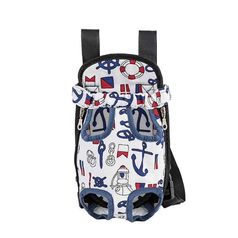 A black and white dog carrier backpack featuring various nautical and patriotic emblems.