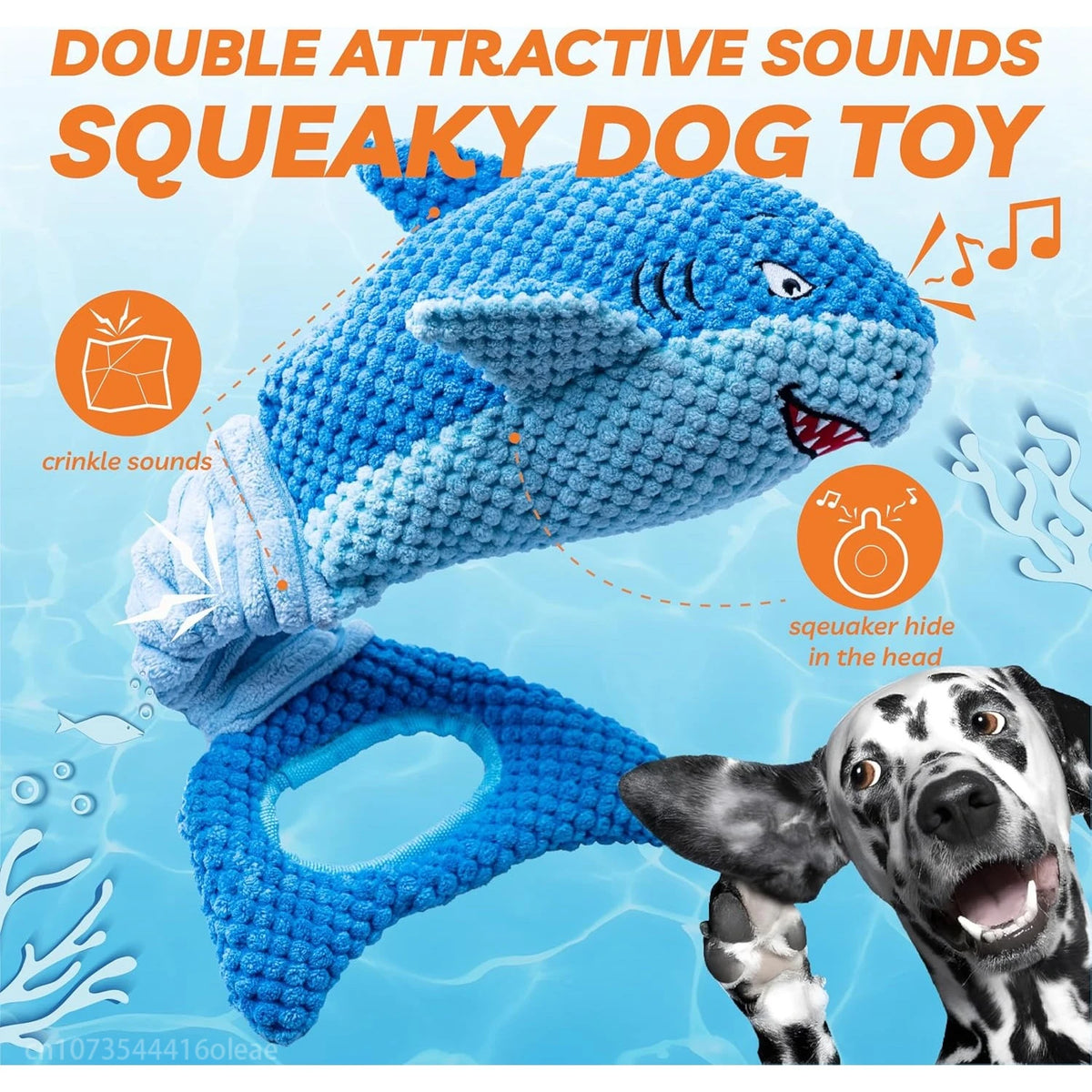 Blue plush shark dog toy with crinkle and squeaker sounds being played with a dog.