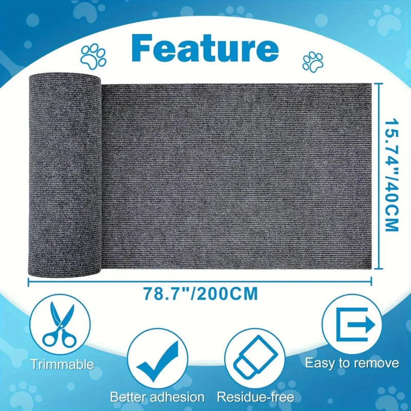 Roll of gray fabric for cat furniture protection featuring trimmable and residue-free adhesive pads