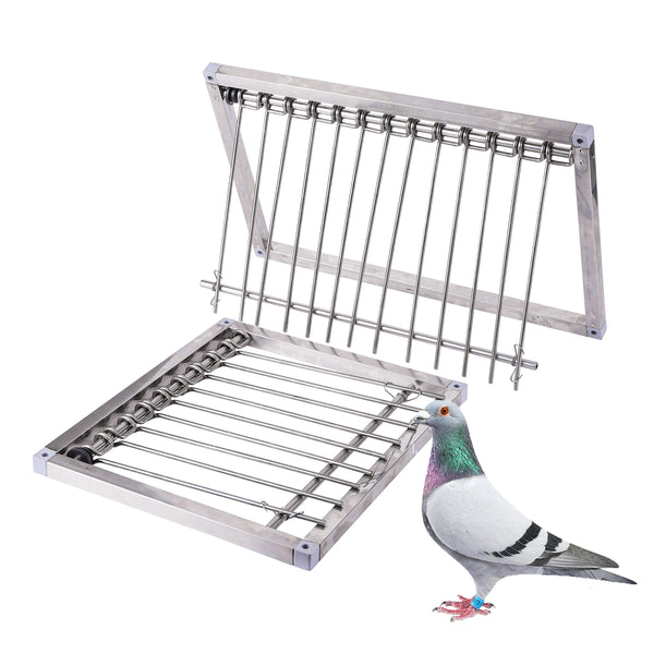Stainless steel pigeon loft trap door with a wire grid and a corresponding feeding tray.