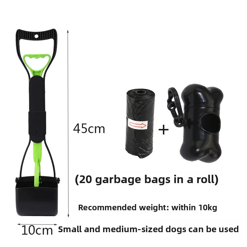 Black and lime green heavy duty pet poop scooper with a long handle and a roll of 20 garbage bags