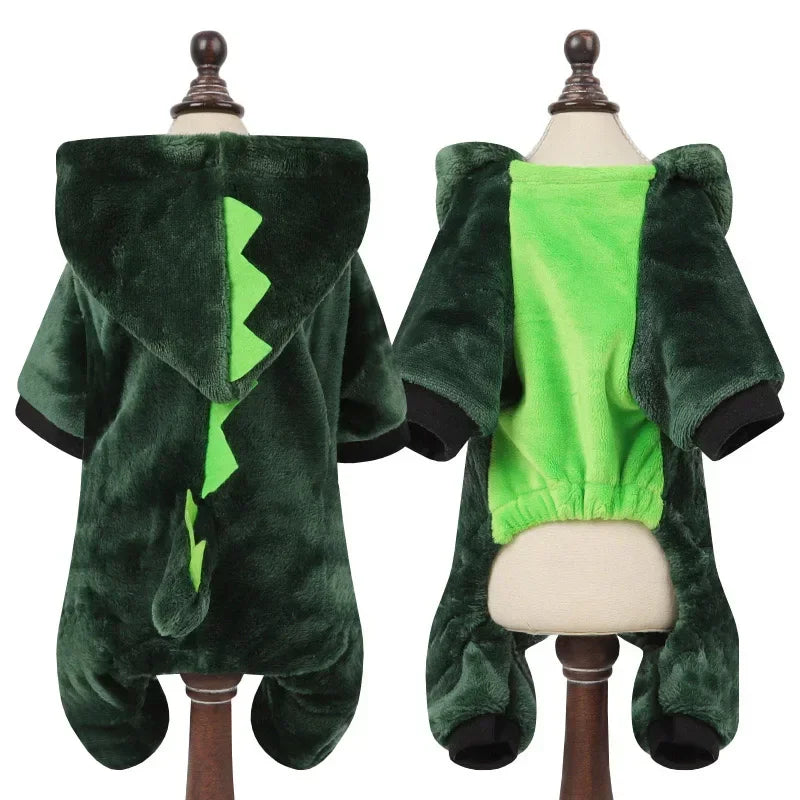 A dark green cartoon animal pet costume jumpsuit displayed on a mannequin.