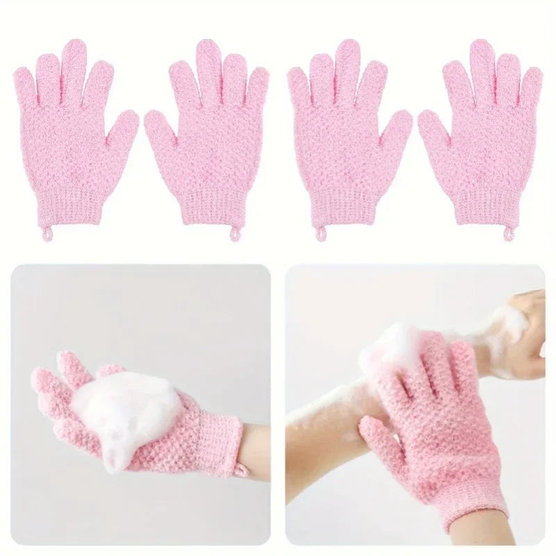 Pink exfoliating shower gloves for body massage and cleansing shown in multiple views