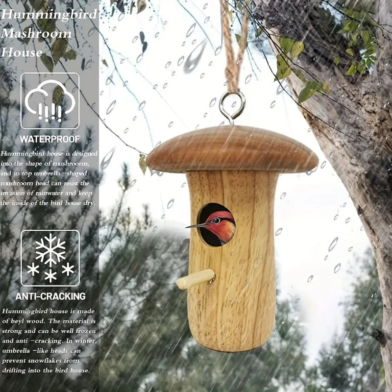 Wooden Hanging Hummingbird House with Natural Finish