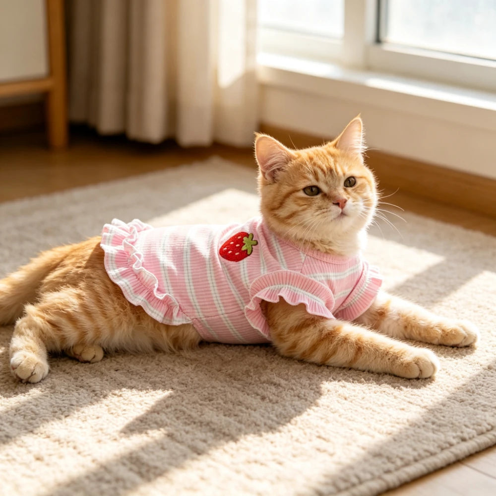 Strawberry Embroidered Striped Dog Dress with Ruffled Hem