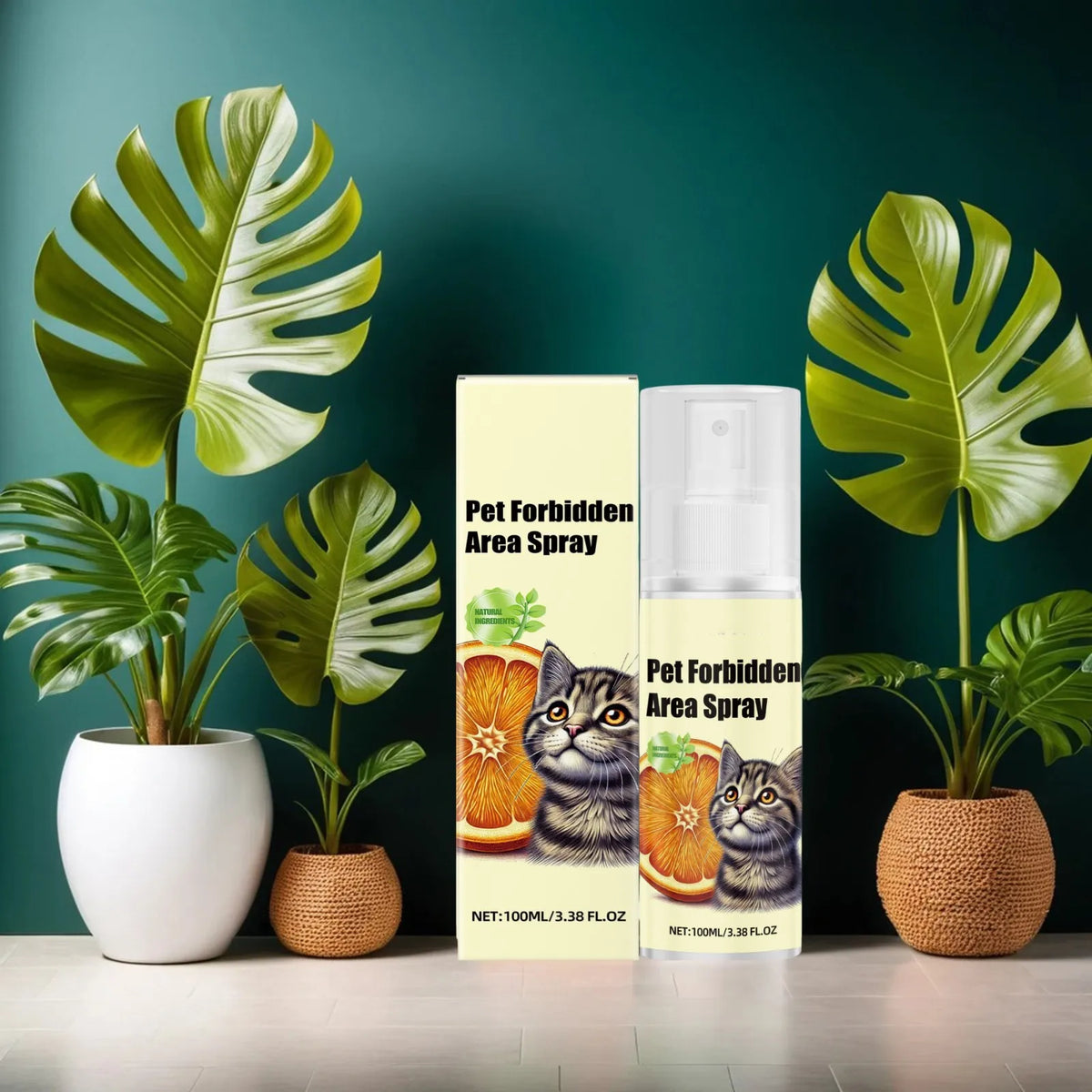 Una botella de spray Pet Forbidden Area junto a grandes hojas verdes de monstera sobre una superficie de madera.