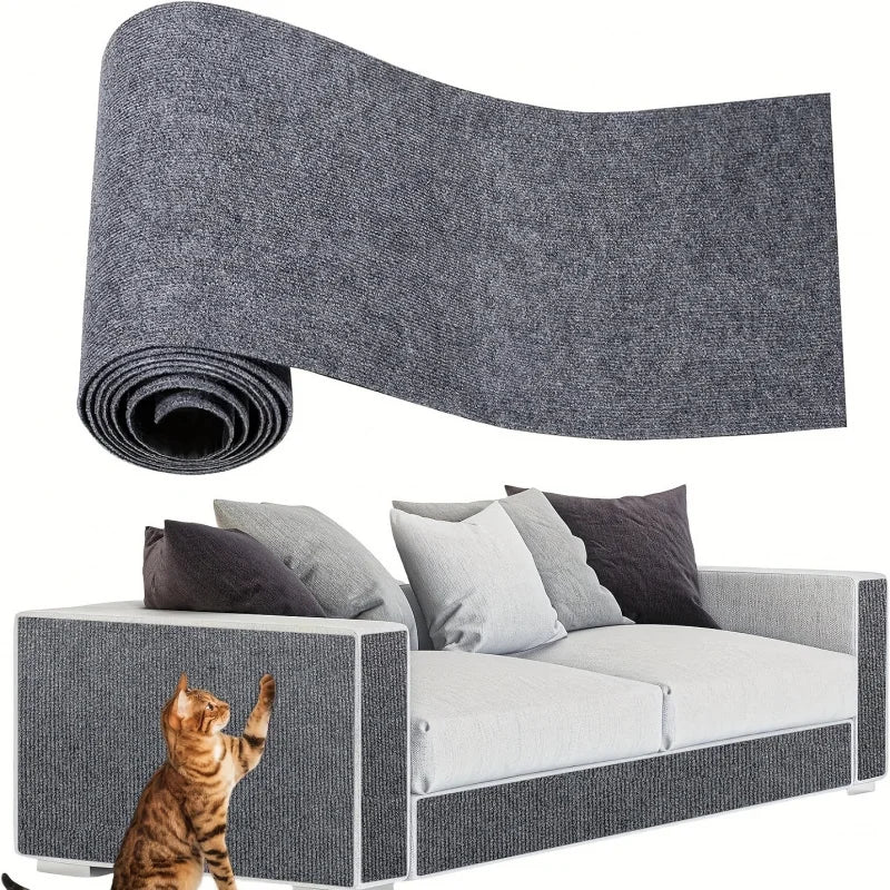 Large gray cuttable self-adhesive sofa protector mat for cats shown next to a tabby cat.