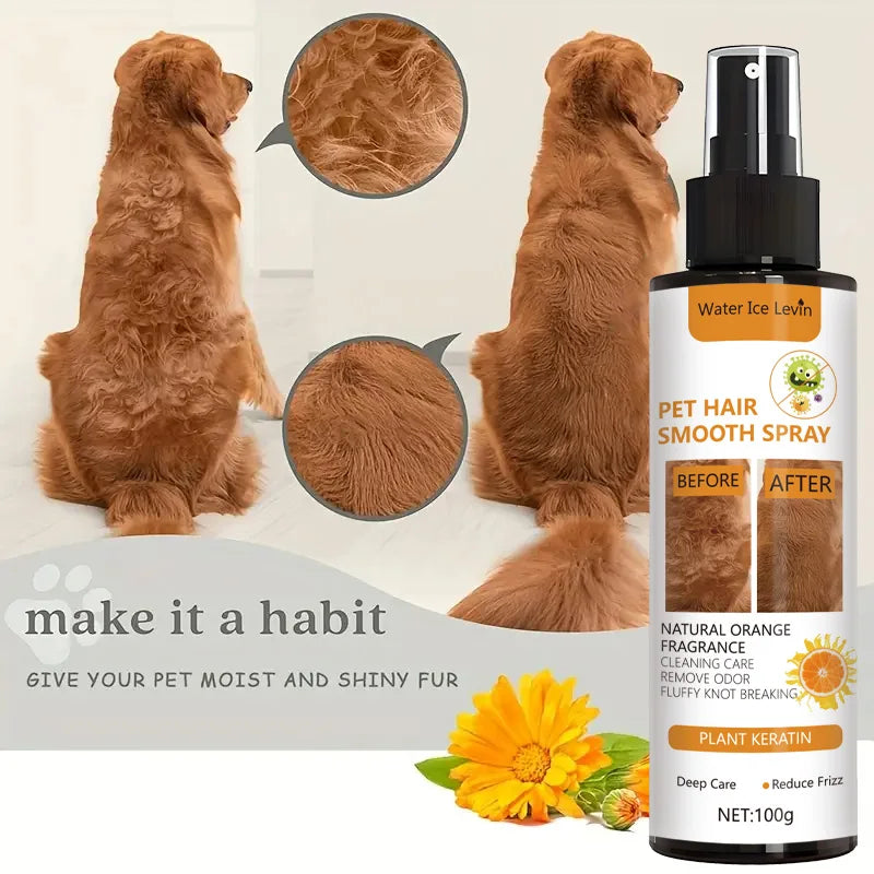 Flakon mit Fellglättungs- und Feuchtigkeitsspray neben zwei goldenfarbenen Hunden, die Vorher-Nachher-Ergebnisse zeigen.