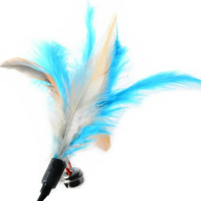 A feather wand cat toy featuring blue and white feathers with a black handle.
