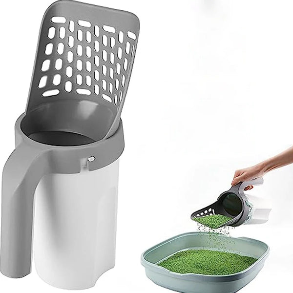A gray integrated cat litter scoop with a detachable waste bin is shown pouring litter into a green bowl.