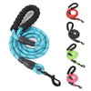 A set of reflective nylon dog leashes in black and blue, including a leash and a padded handle.