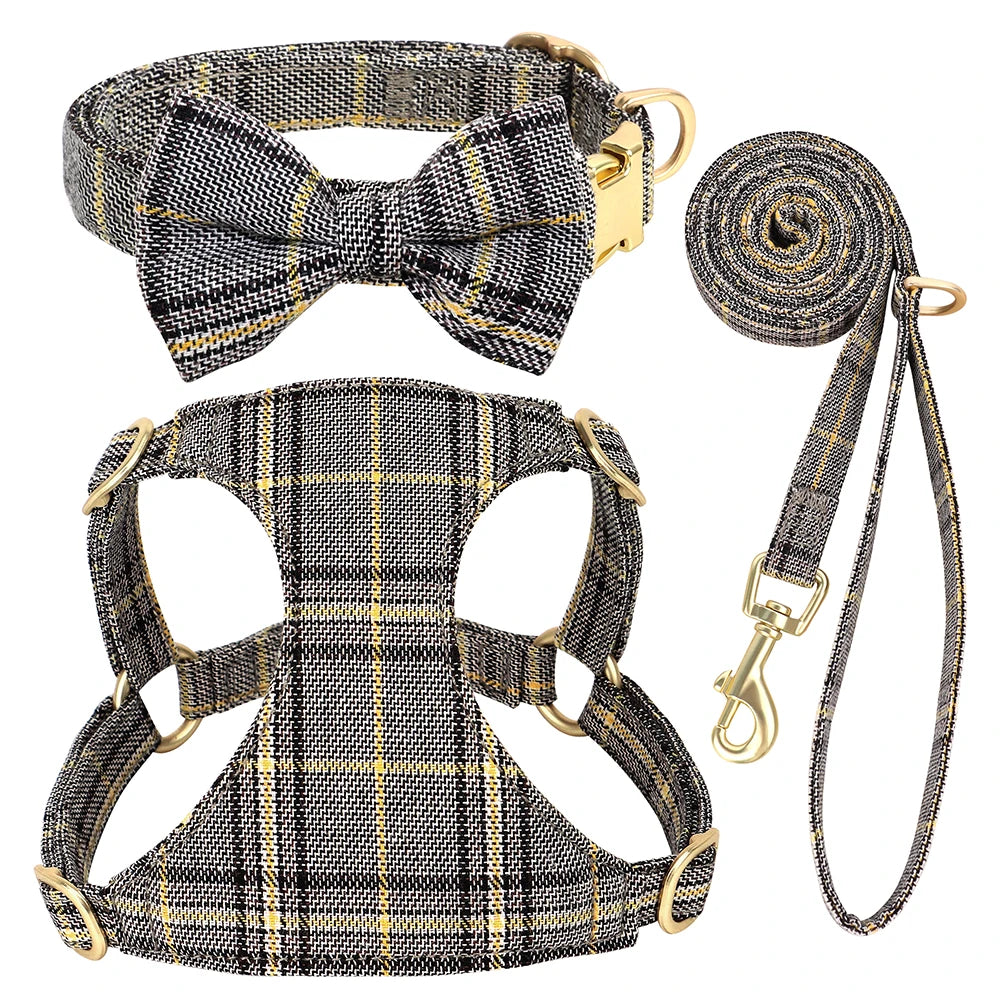 Classic Plaid Dog Collar, Harness & Leash Set with Bowtie